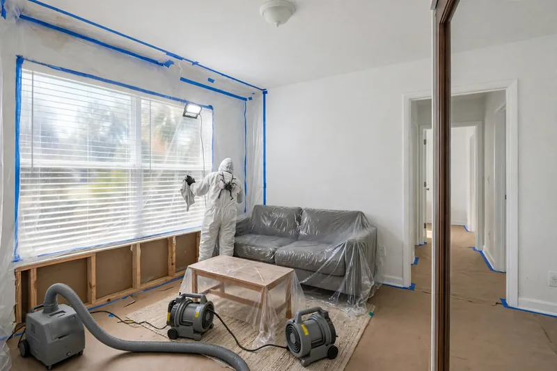 Illustration of an open wall section, drying equipment on the floor and a technician cleaning near the window